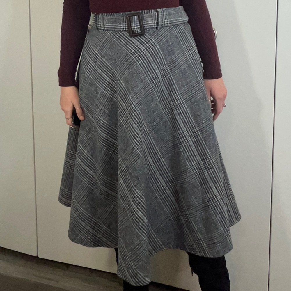 Tartan plaid midi skirt with belt & pockets
